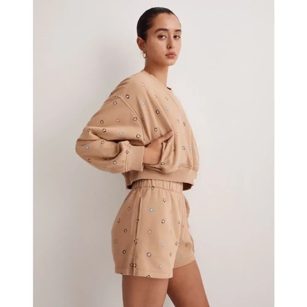 Madewell Terry Sweatshirt in Dot Daisy Size 2X Tan Sloucy Oversized Boho Lounge
